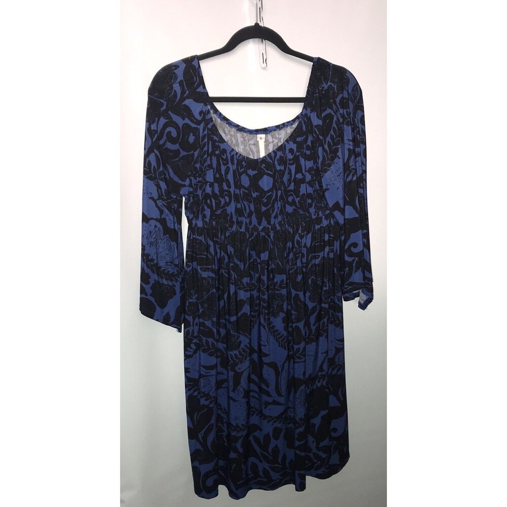 Anthropologie Uncle Frank Jersey Dress  Small Blue Floral 3/4 Sleeve‎ A Line *